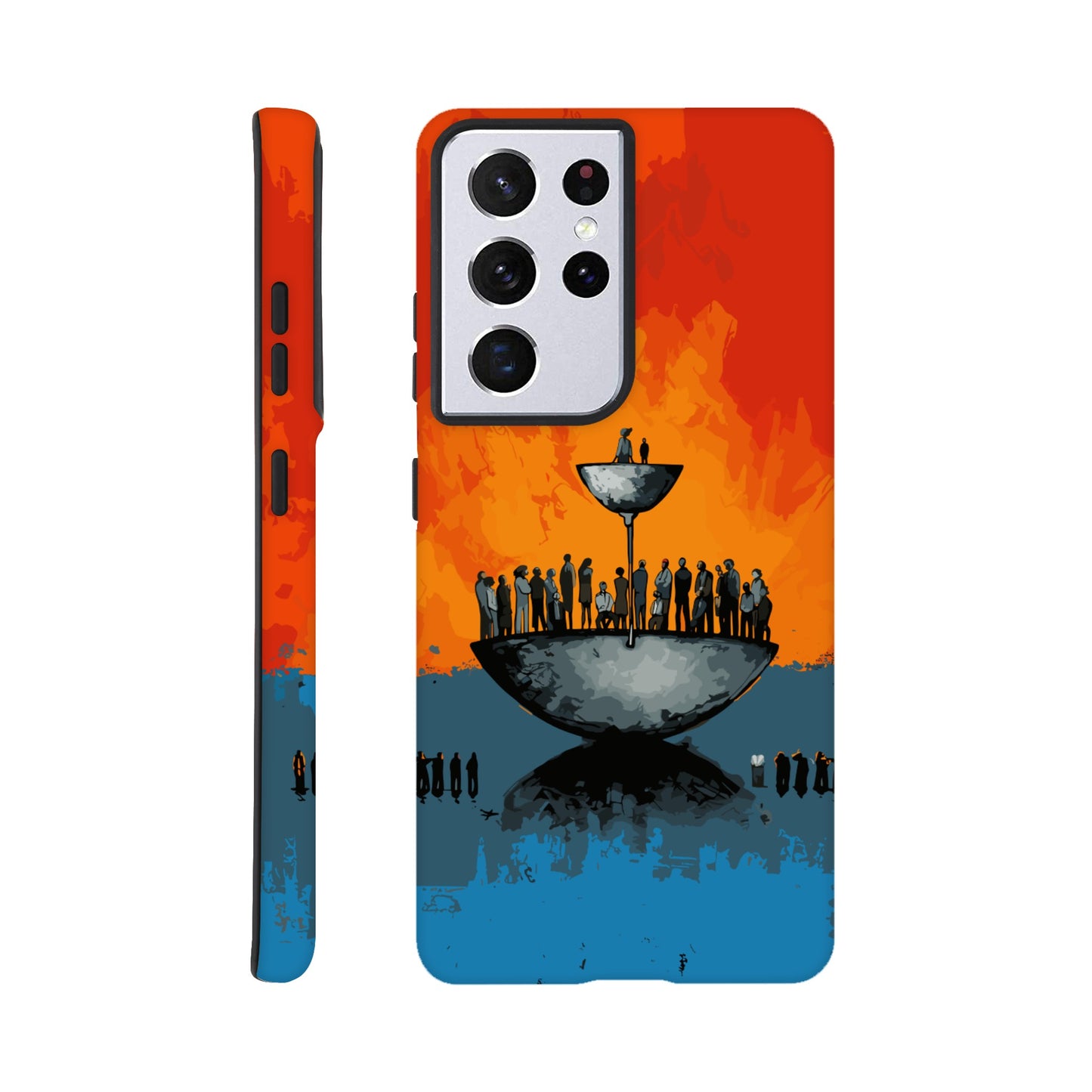 A Samsung Galaxy S21 Ultra Phone Case with the following design on it - A large person is sitting in a bowl of a weighing scale. There is a larger bowl beneath this with lots of people in it. Income Inequality is theme, pop art, blue, orange, black, and red