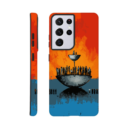 A Samsung Galaxy S21 Ultra Phone Case with the following design on it - A large person is sitting in a bowl of a weighing scale. There is a larger bowl beneath this with lots of people in it. Income Inequality is theme, pop art, blue, orange, black, and red