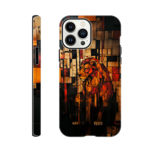 An Apple iPhone 13 Pro Max Phone Case with the following design on it - The Zodiac symbol for Leo - a Lion made of geometric shapes, composed of red and brown blocks. The background is dark with a blurred effect. In the style of stained glass