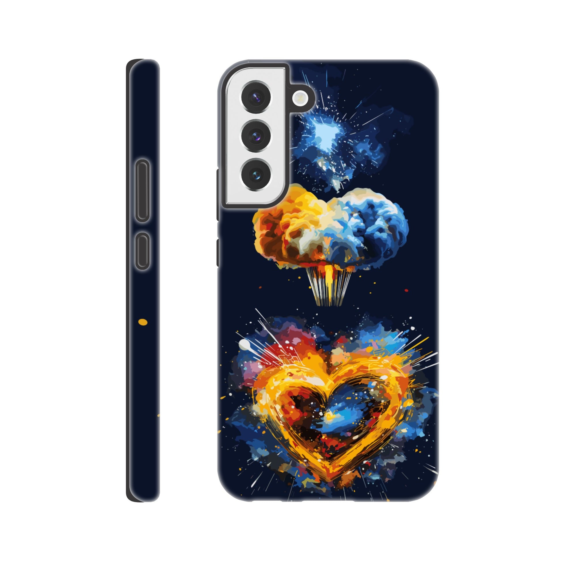 A Samsung Galaxy S22 Plus Phone Case with the following design on it - heart shaped milky way galaxy with a nuclear mushroom cloud emanating from the heart, pop art, royal blue, yellow, white, silver, black, orange