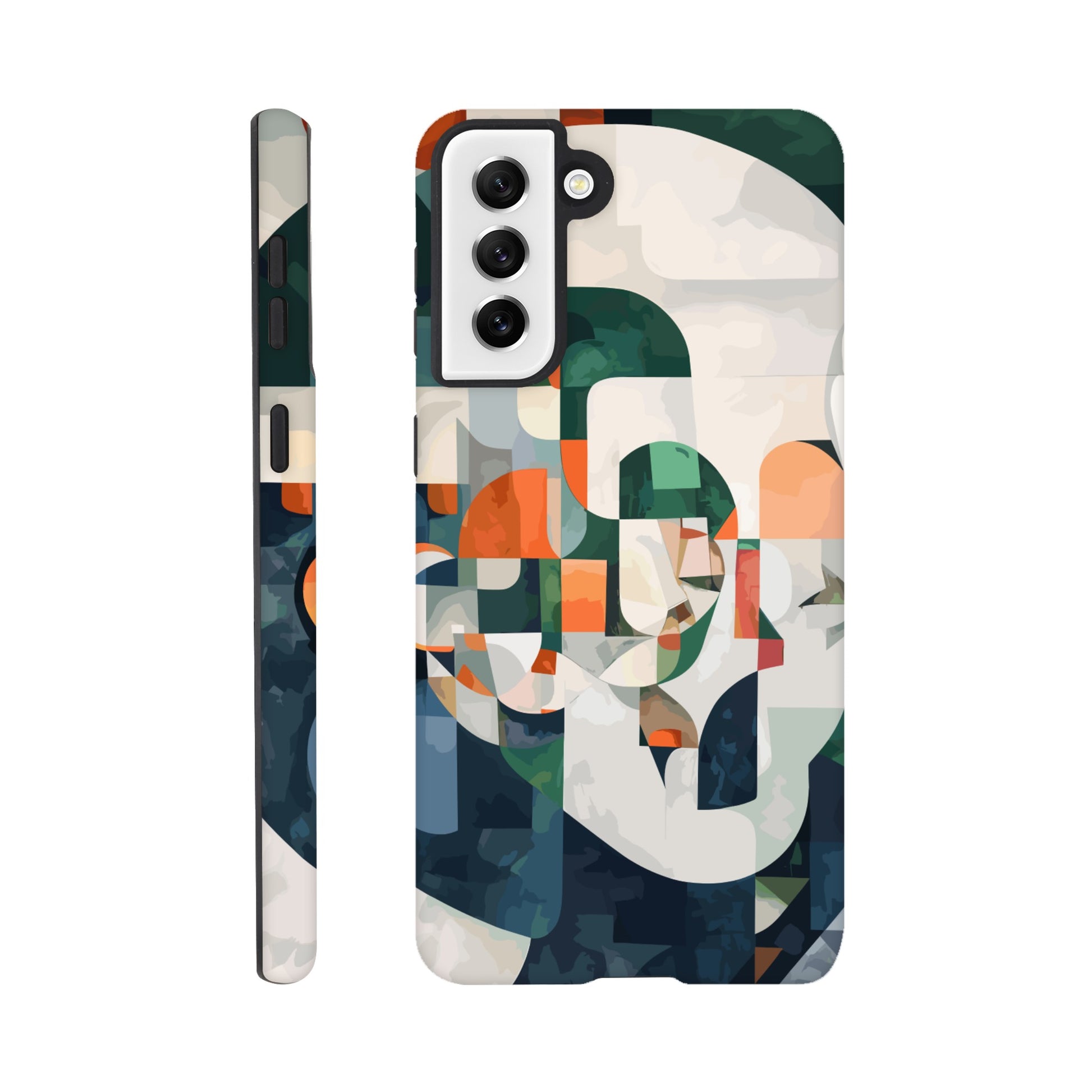 A Samsung Galaxy S21 Plus Phone Case with the following design on it - A cubist-inspired portrait. The face is composed of geometric shapes and forms, with an abstract background that features soft gradients in shades of green, orange, blue, white, and grey. Abstract patterns surround the figure to create depth and movement against an emerald color palette.