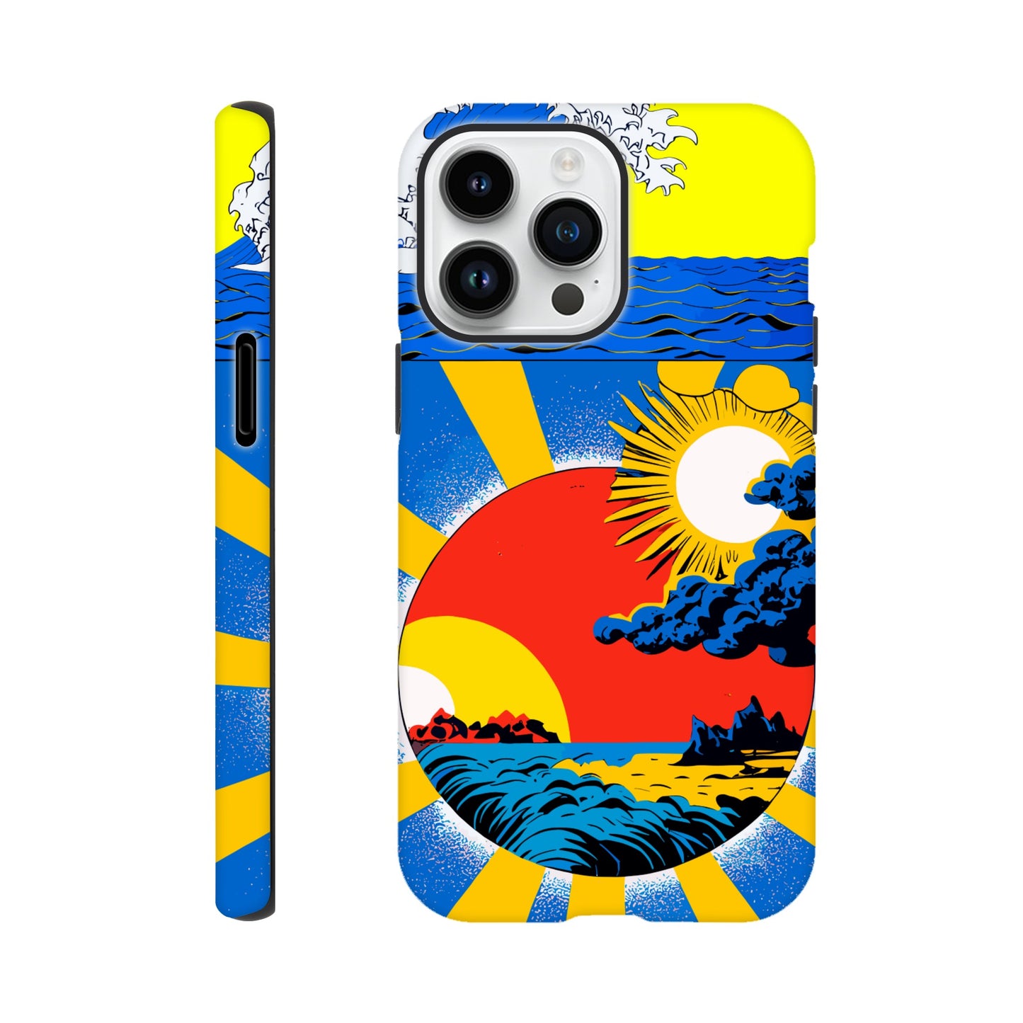 An Apple iPhone 14 Pro Max Phone Case with the following design on it: sun and clouds, blue sky with yellow rays of light, sun setting in the background, in the style of a Japanese illustration, blue sea wave on top left corner, red circle below centered, blue storm clouds inside red dot, colorful poster print style