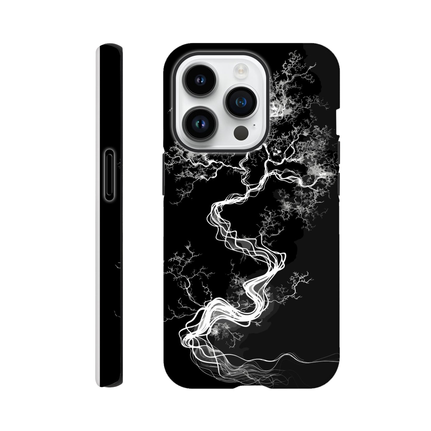 An Apple iPhone 14 Pro Phone Case with the following design on it - a sketch of a white fractal tree against a black background