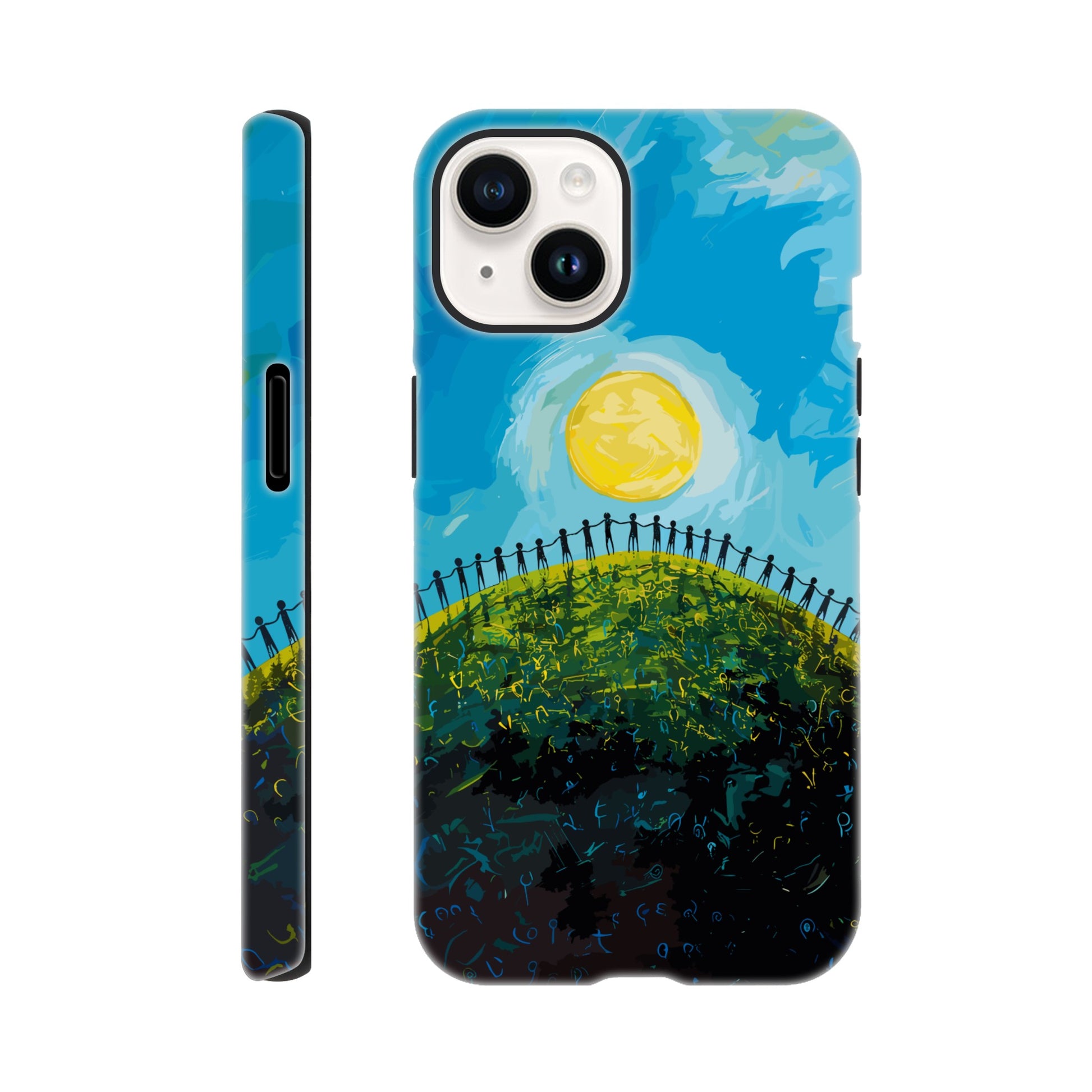 An Apple iPhone 14 Phone Case with the following design on it : a large group of dozens of non distinct human forms holding hands under a bright sun on a beautiful green hill with a beautiful blue sky above, pop art