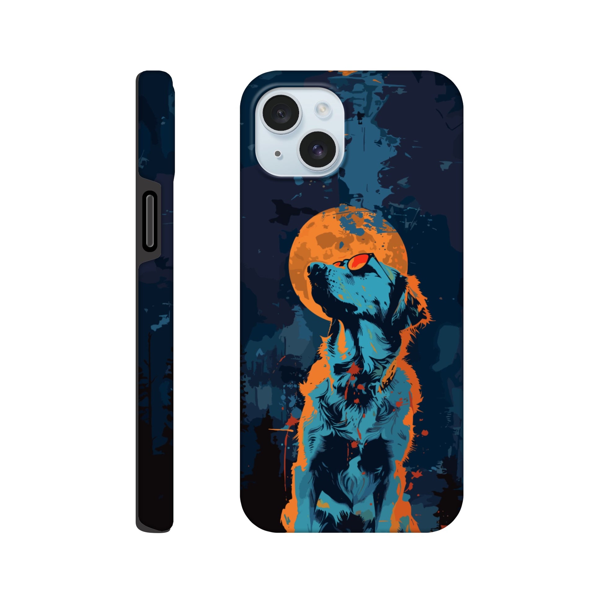 An Apple iPhone 15 Plus Phone Case with the following design on it - A golden retriever dog with the moon behind it in a blue and orange color scheme, a night forest background, flat vector art with dark blue and light amber colors, a cyberpunk aesthetic