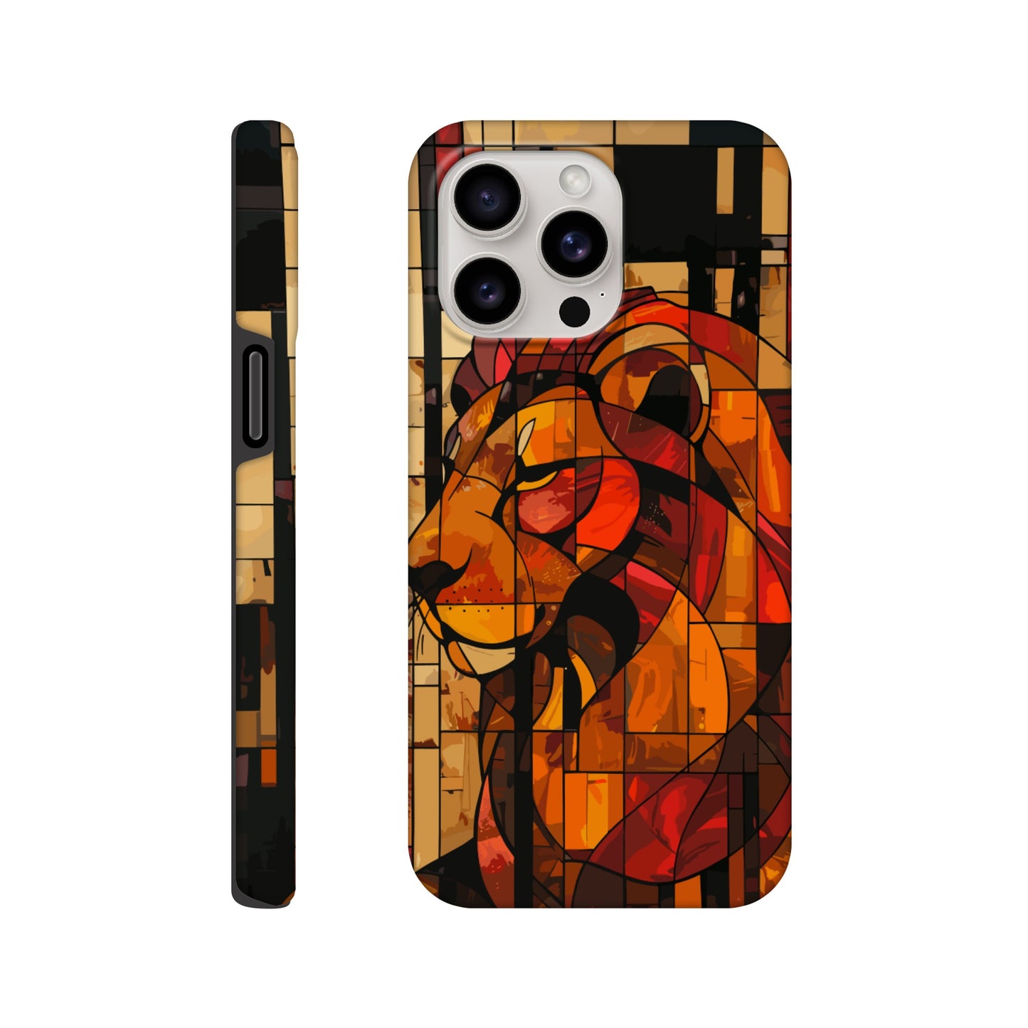 An Apple iPhone 15 Pro Max Phone Case with the following design on it - The Zodiac symbol for Leo - a Lion made of geometric shapes, composed of red and brown blocks. The background is dark with a blurred effect. In the style of stained glass