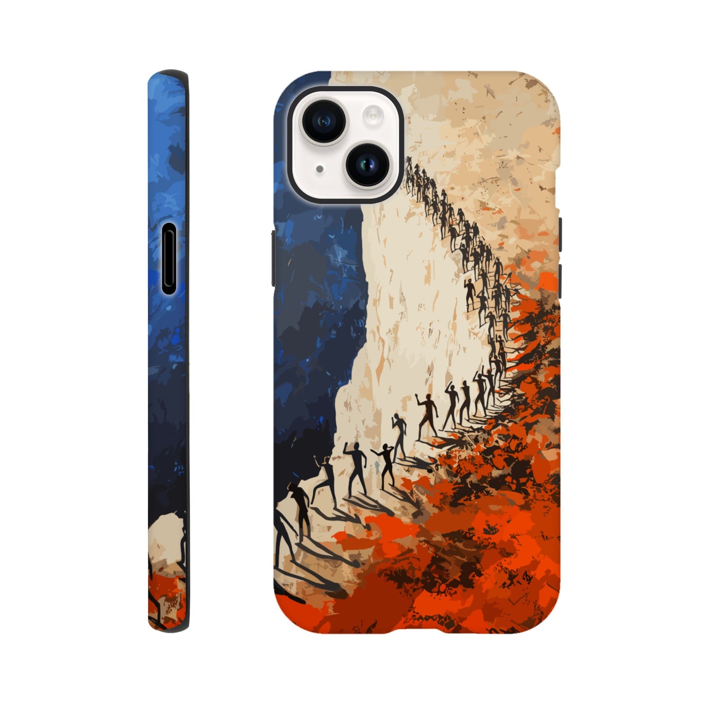 An Apple iPhone 14 Plus Phone Case with the following design on it: a very large group of human forms all pointing in different directions as they are marching towards a cliff, royal blue, white, red, orange, style of fauvism