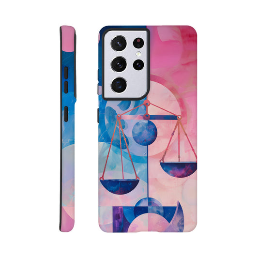 A Samsung Galaxy S21 Ultra Phone Case with the following design on it : The Zodiac symbol for Libra, scales of justice theme, planet Venus in the background, Bauhaus style, royal blue, light pink