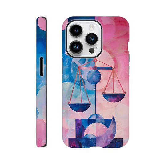 An Apple iPhone 14 Pro Phone Case with the following design on it : The Zodiac symbol for Libra, scales of justice theme, planet Venus in the background, Bauhaus style, royal blue, light pink