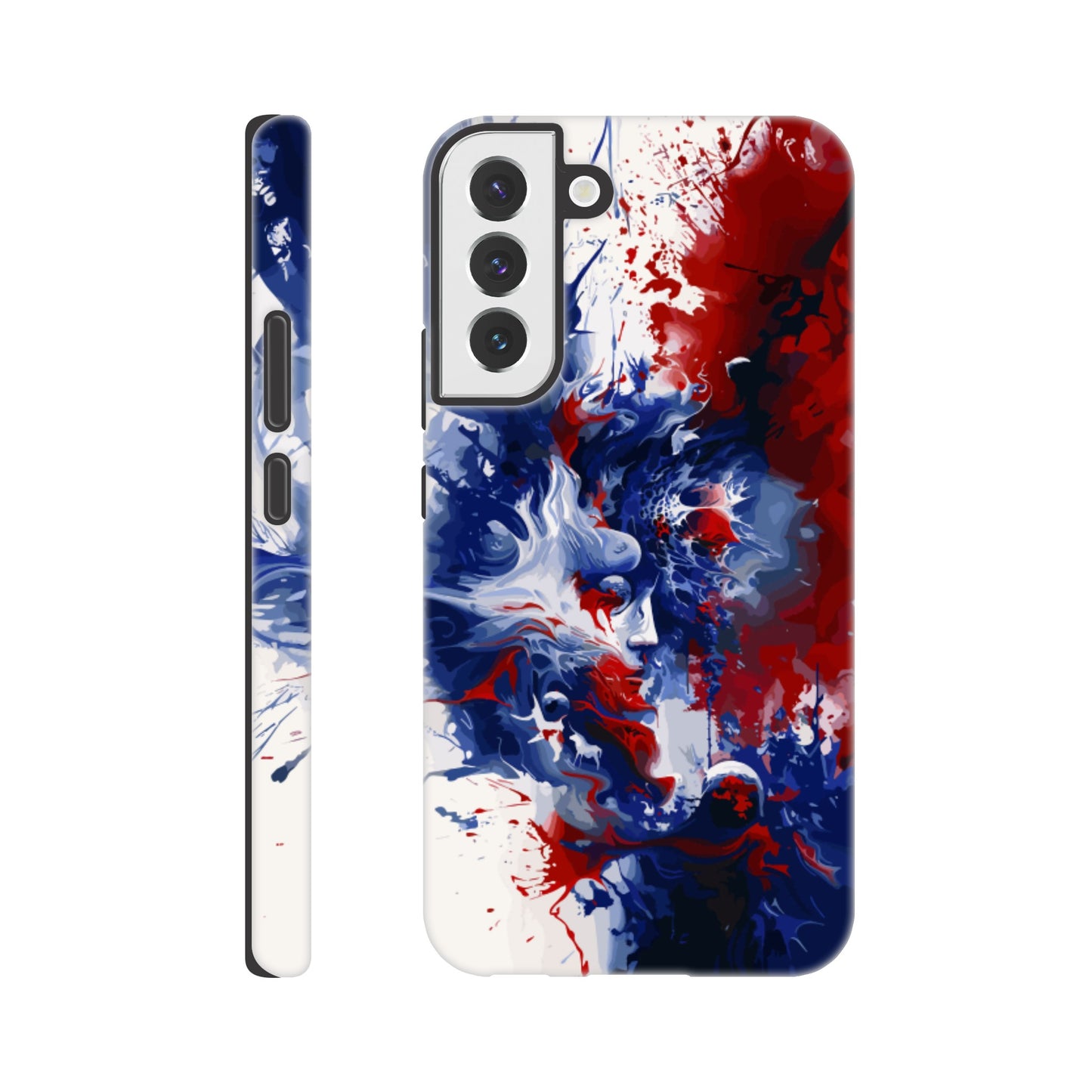 A Samsung Galaxy S22 Plus Phone Case with the following design on it: Abstract Blue and Red Painting, white background, ink painting, splash art in the style of ink painting, human profile in the middle which seems to be depicting someone in deep thought 