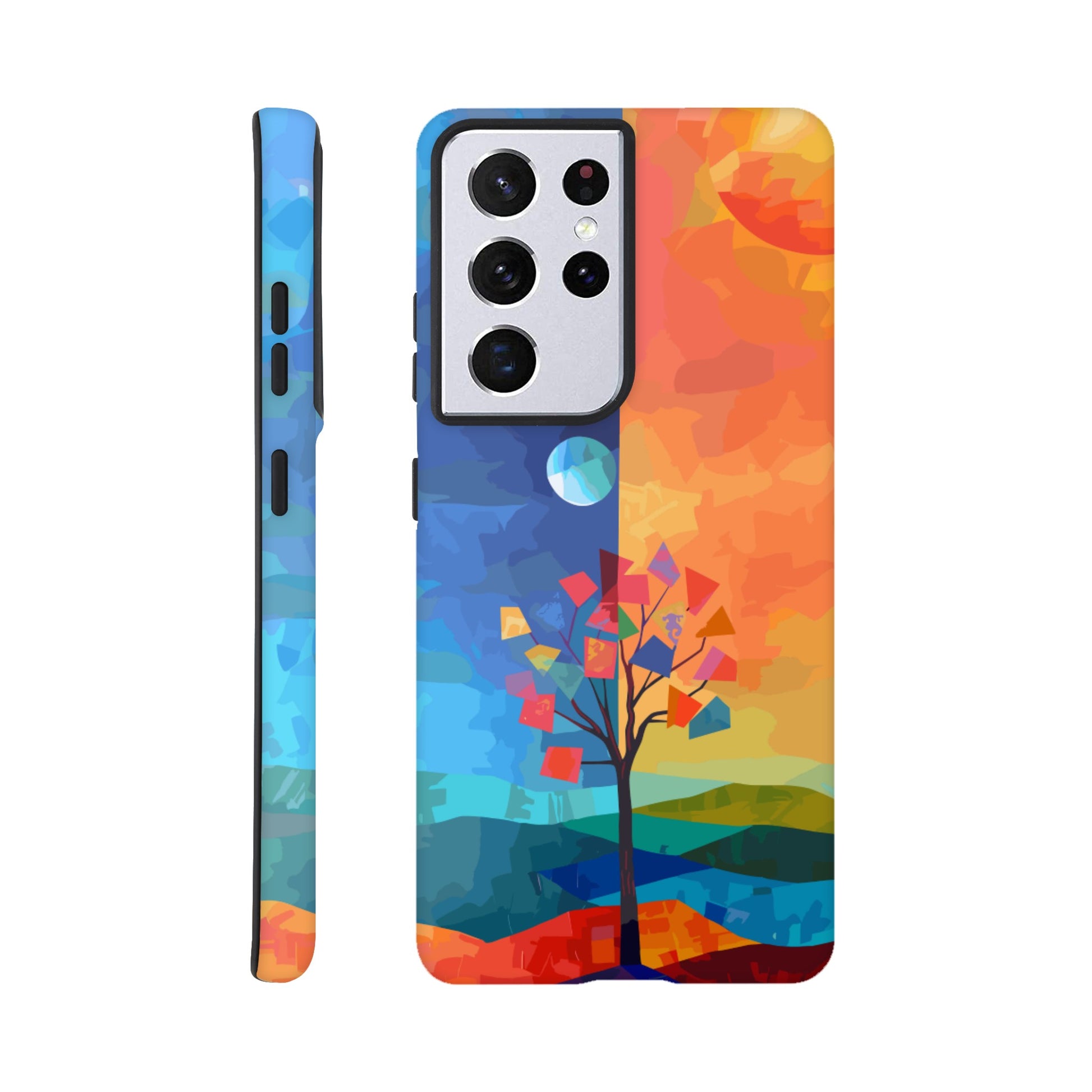 A Samsung Galaxy S21 Ultra Phone Case with the following design on it : A landscape with two distinct color blocks representing day and night, featuring the sun on one side and the moonlight on the other, with a tree in between, depicted as geometric shapes and colors in the style of abstract art, with vibrant and contrasting colors, a modern digital painting