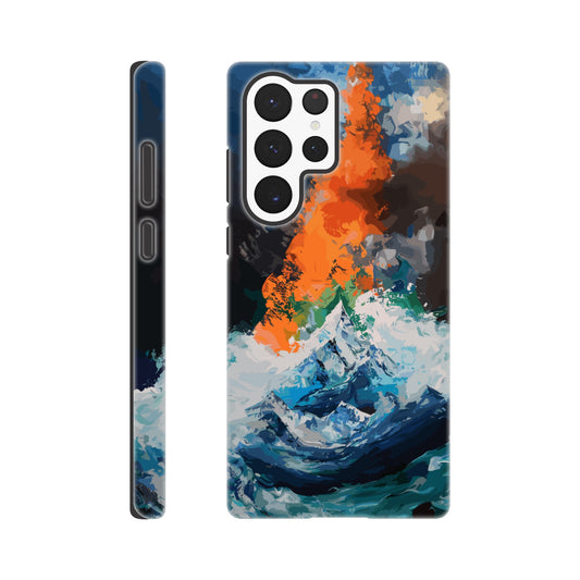 A Samsung Galaxy S22 Ultra Phone Case with the following design on it - the Mariana Trench engulfing Mount Everest, cartoonish surrealism, blue, white, green, orange, black