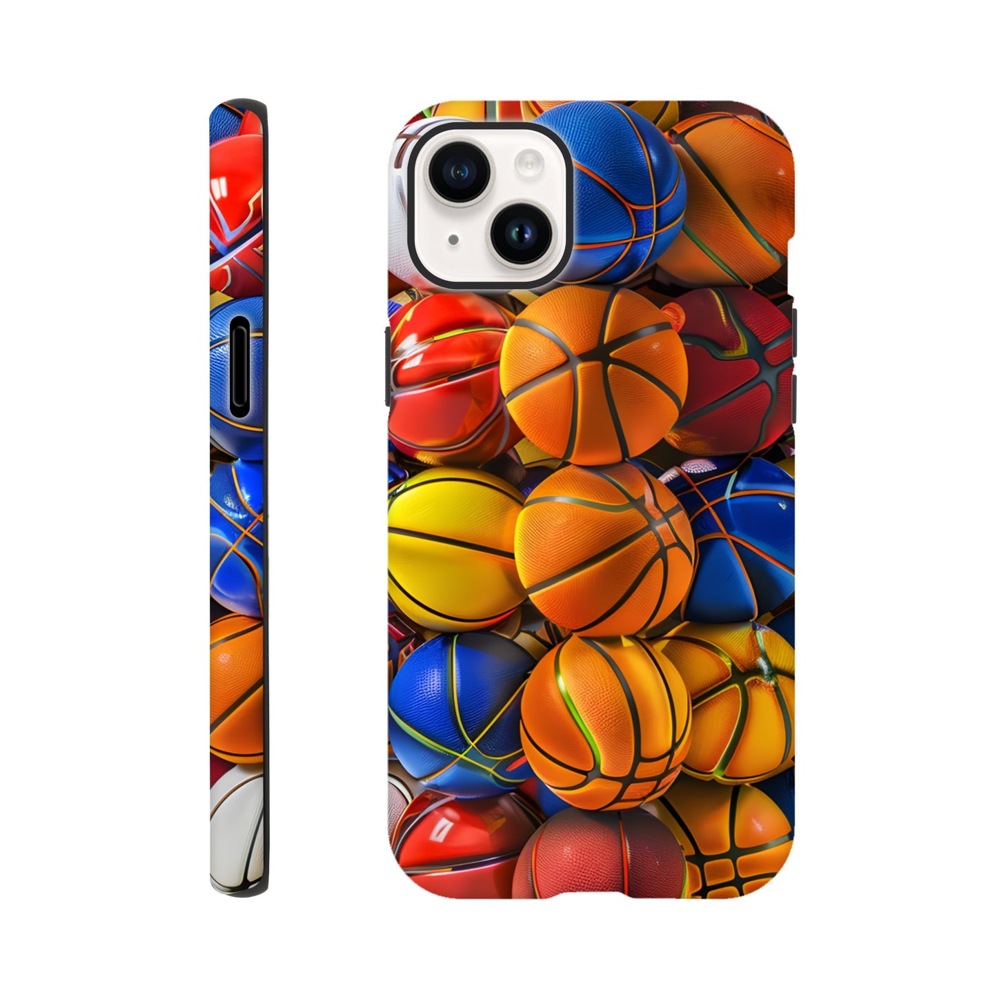 An Apple iPhone 14 Plus Phone Case adorned with an image of a lot of basketballs, of a variety of primary colors, in the form of cube