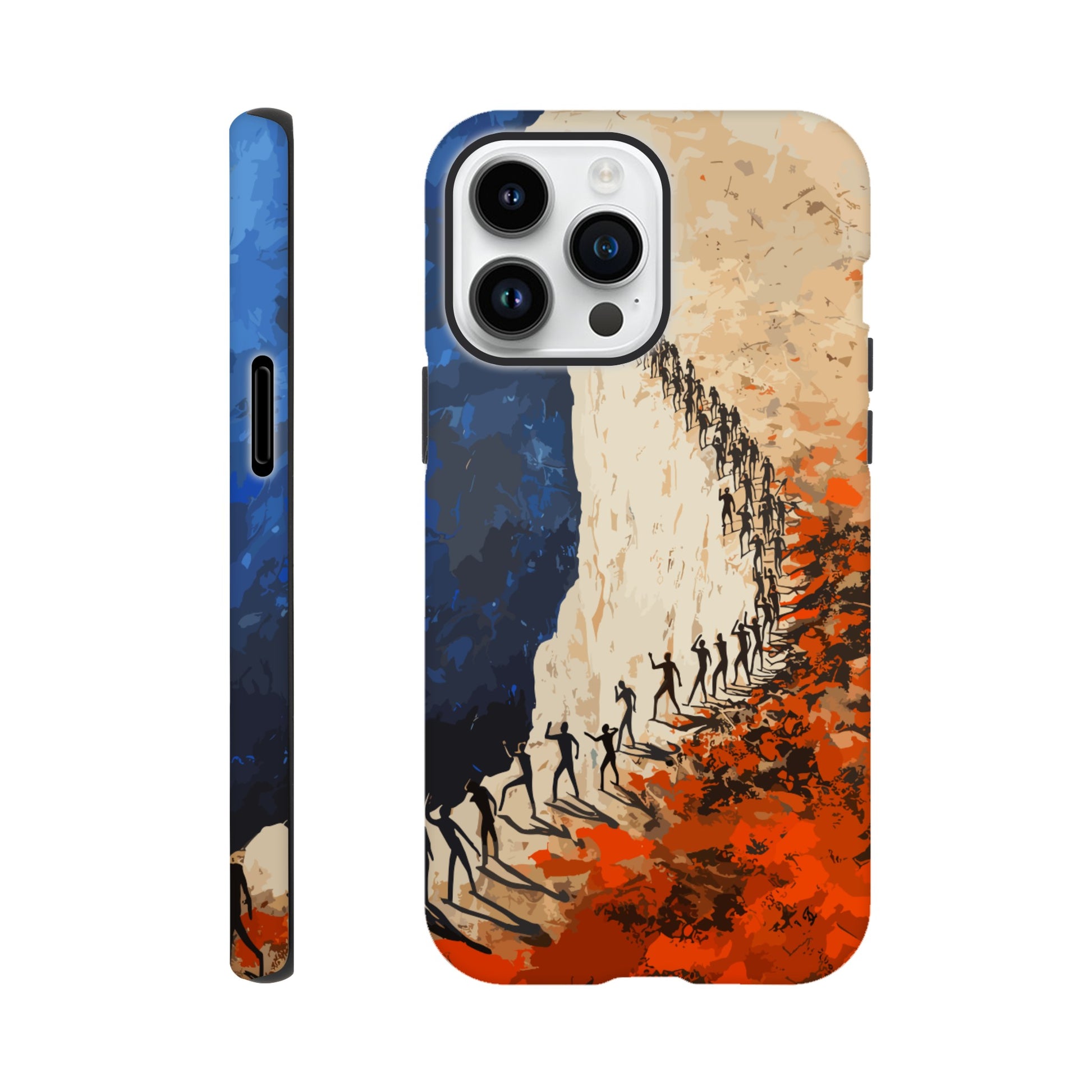 An Apple iPhone 14 Pro Max Phone Case with the following design on it: a very large group of human forms all pointing in different directions as they are marching towards a cliff, royal blue, white, red, orange, style of fauvism