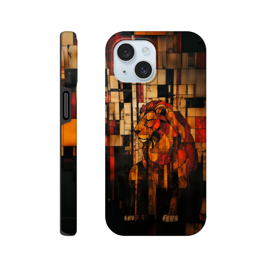 An Apple iPhone 15 Phone Case with the following design on it - The Zodiac symbol for Leo - a Lion made of geometric shapes, composed of red and brown blocks. The background is dark with a blurred effect. In the style of stained glass