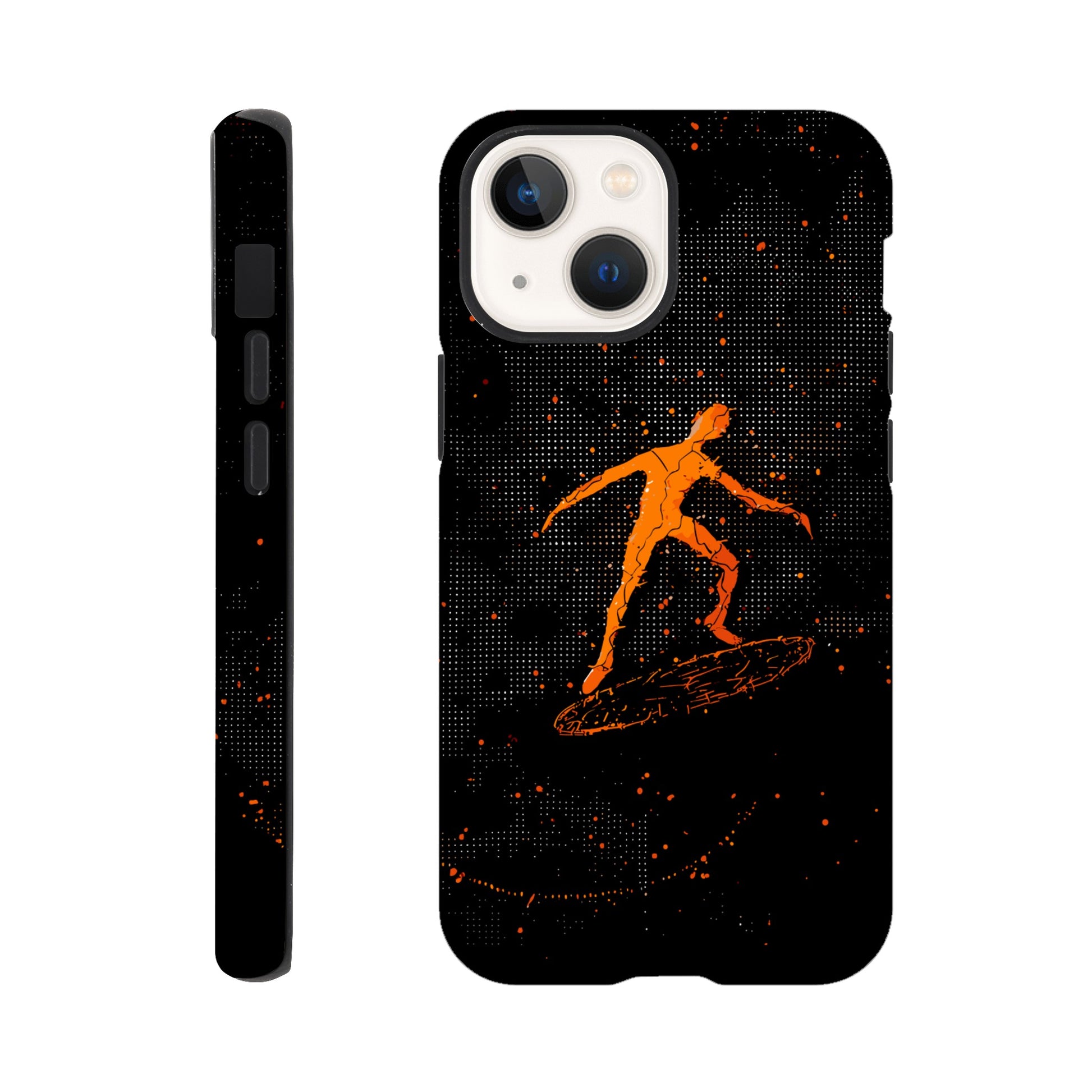 An Apple iPhone 13 Mini Phone Case with the following design on it : orange glowing silhouette of a male surfer against a black background, in the style of digital art, dark orange and light amber, pointillist dot paintings, high resolution, symmetrical grid-like patterns, minimalist figures, glitched edges