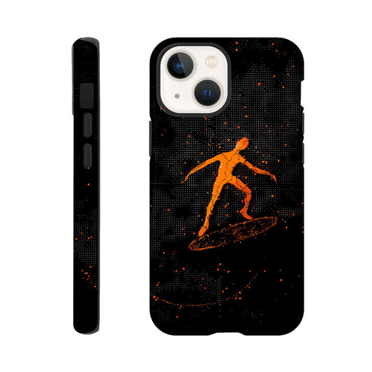 An Apple iPhone 13 Mini Phone Case with the following design on it : orange glowing silhouette of a male surfer against a black background, in the style of digital art, dark orange and light amber, pointillist dot paintings, high resolution, symmetrical grid-like patterns, minimalist figures, glitched edges