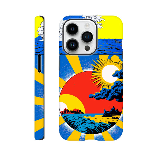 An Apple iPhone 14 Pro Phone Case with the following design on it: sun and clouds, blue sky with yellow rays of light, sun setting in the background, in the style of a Japanese illustration, blue sea wave on top left corner, red circle below centered, blue storm clouds inside red dot, colorful poster print style