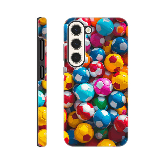 A Samsung Galaxy 23 Phone Case with the following design on it: A Kids ball pit made up of soccer balls, the soccer balls are of a variety of colors, fun and bright, pop art