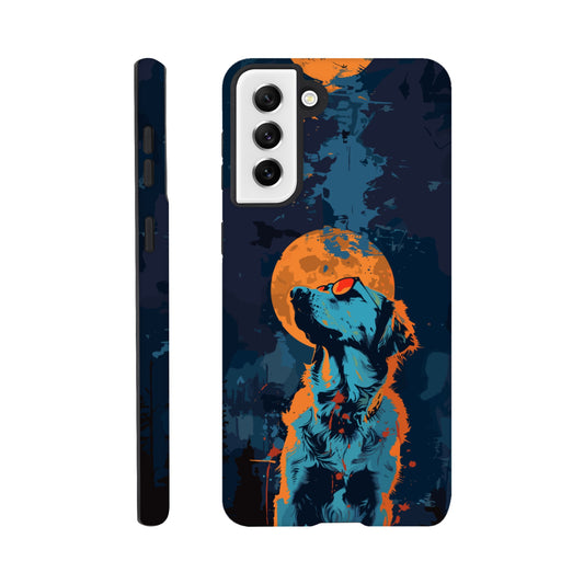 A Samsung Galaxy S21 Plus Phone Case with the following design on it - A golden retriever dog with the moon behind it in a blue and orange color scheme, a night forest background, flat vector art with dark blue and light amber colors, a cyberpunk aesthetic