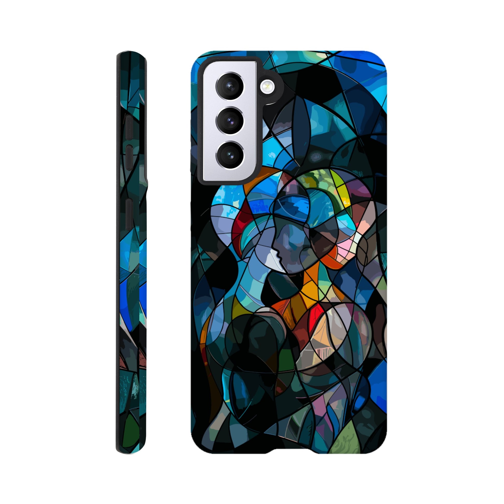 A Samsung Galaxy S21 Phone Case with the following design: stained glass window of two people hugging, in the style of cubism, abstract shapes and lines, vibrant colors, dark background, hyper realistic 