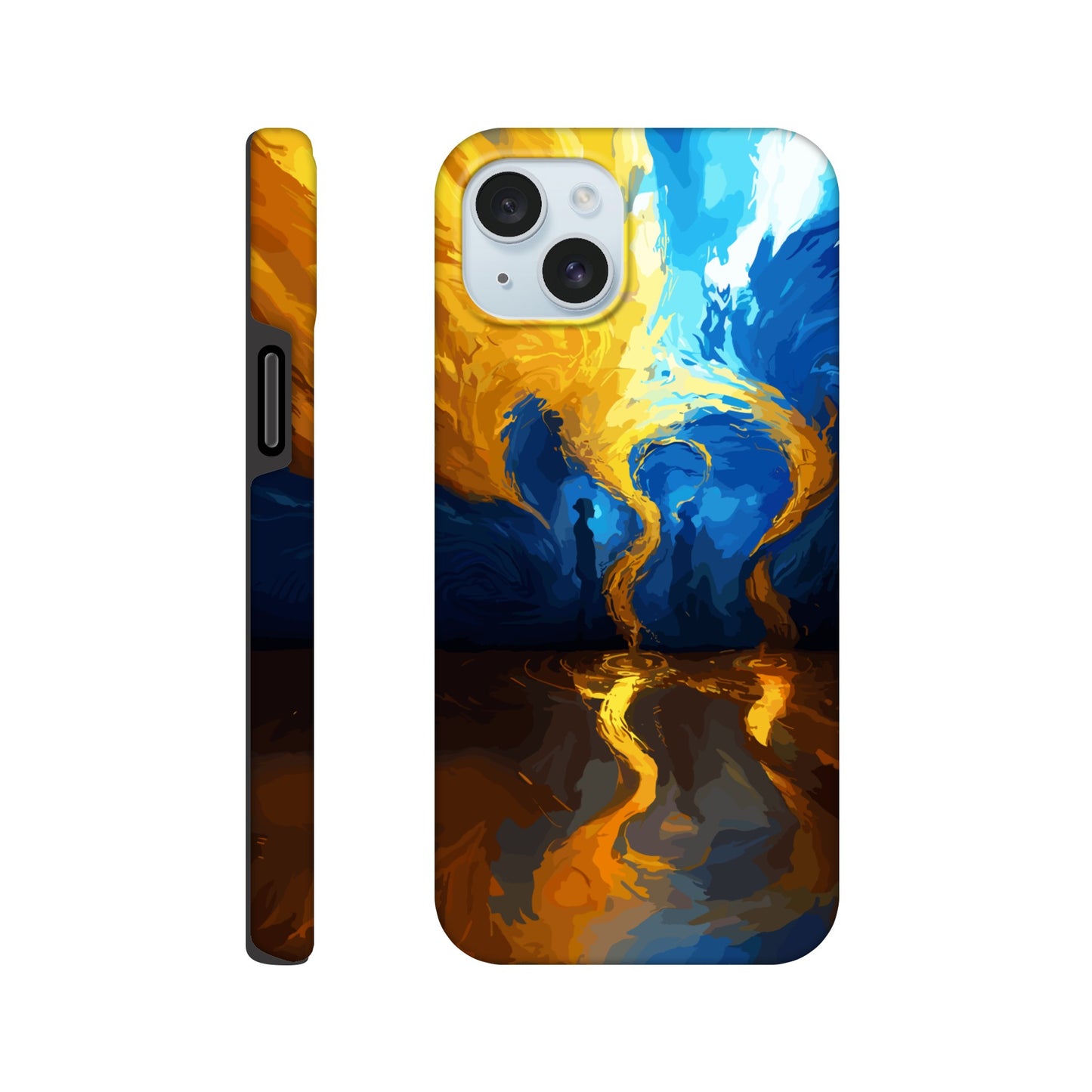 An iPhone 15 Plus Phone Case with the following design on it -An abstract image of flowing thunder/lightning and waves. The colors of blue, orange, and yellow. There are two human forms facing each other in the middle of the image.