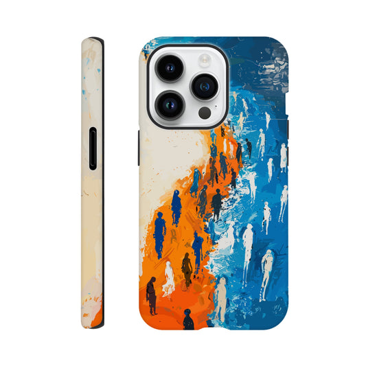 An iPhone 14 Pro Phone Case with the following design on it - the Sahara desert pouring into a beautiful ocean while a large group of non distinct human forms wade through the shallows as well as walk along the new shore, blue, orange, white, style of fauvism