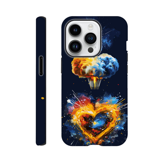 An Apple iPhone 14 Pro Phone Case with the following design on it - heart shaped milky way galaxy with a nuclear mushroom cloud emanating from the heart, pop art, royal blue, yellow, white, silver, black, orange