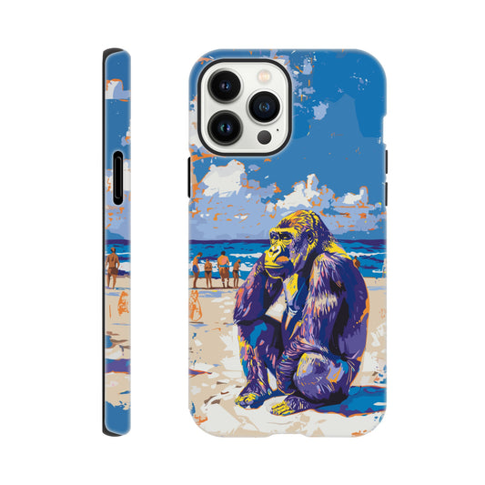 An iPhone 13 Pro Max with a design of a Gorilla at the beach thinking while a diverse group of people stroll along the beach in the background, royal blue, orange, purple, yellow, white, fauvism meets pop art