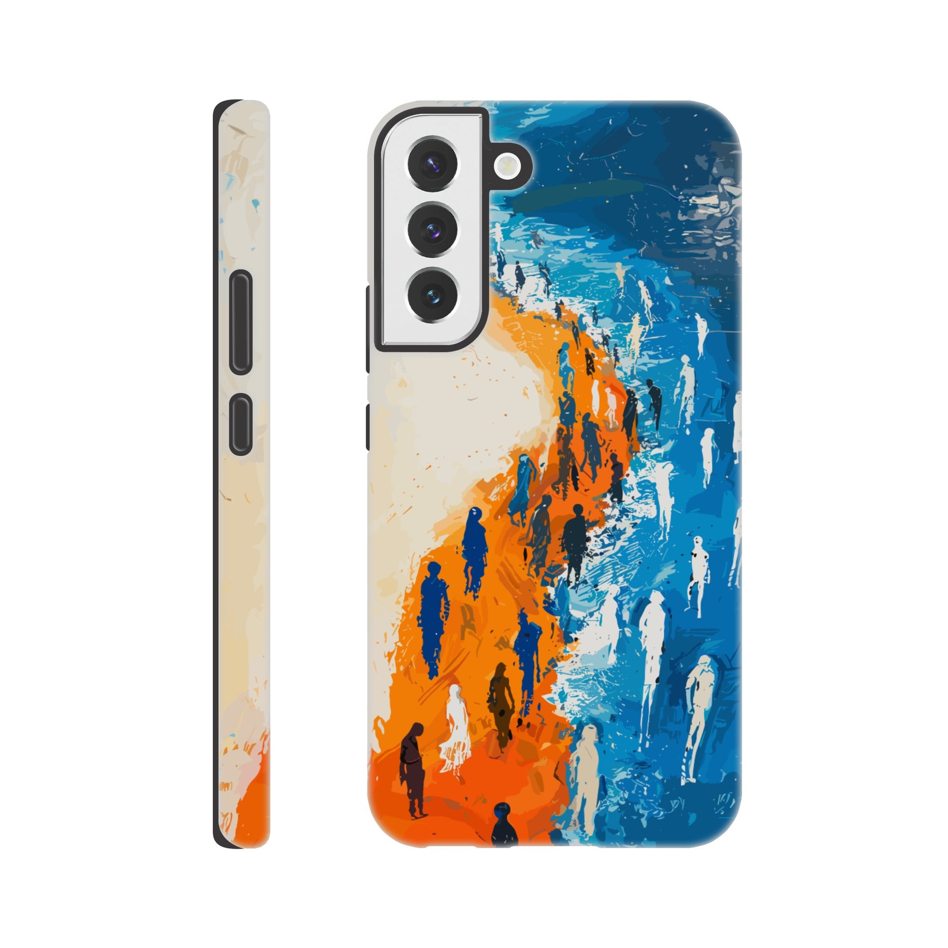 A Samsung Galaxy S22 Plus Phone Case with the following design on it - the Sahara desert pouring into a beautiful ocean while a large group of non distinct human forms wade through the shallows as well as walk along the new shore, blue, orange, white, style of fauvism