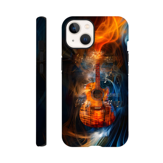 An Apple iPhone 13 Phone Case with the following design on it: A Koa Guitar with musical notes swirling around it, blue and red smoke swirling around both the Guitar and notes, in the style of a digital art, dark blue background, orange glow on guitar, symmetrical composition, high resolution, hyper realistic, high contrast, vibrant colors, detailed textures of wood and strings