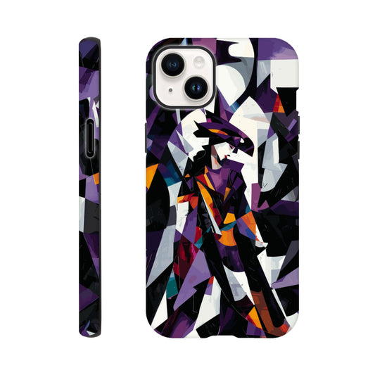 An Apple iPhone 14 Plus Phone Case with the following design on it : geometric and abstract design of a figure with sharp angles and vibrant colors, primarily purple, black, white, and orange.