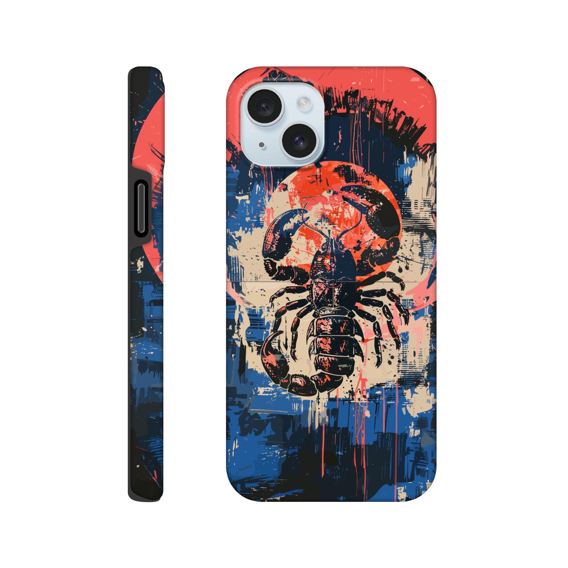 An Apple iPhone 15 Plus Phone Case with the following design on it : A painting of a Scorpio with red accents, the Scorpio is the symbol for the astrological sign Scorpio, the Scorpio is positioned in the center against abstract blue and white brushstrokes, within a pink circle. The artwork has a splattered, chaotic background.