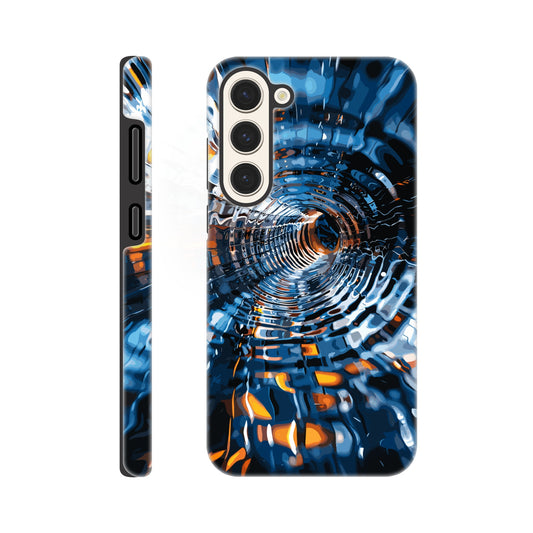 A Samsung Galaxy S23 Plus Phone Case with the following design on it: abstract futuristic tunnel made of chrome and glass, motion blur, dark blue background, orange highlights. The tunnel was created in the style of an abstract futuristic design using chrome and glass with a motion blur effect against a dark blue background highlighted with orange