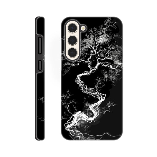 A Samsung Galaxy S23 Plus Phone Case with the following design on it - a sketch of a white fractal tree against a black background