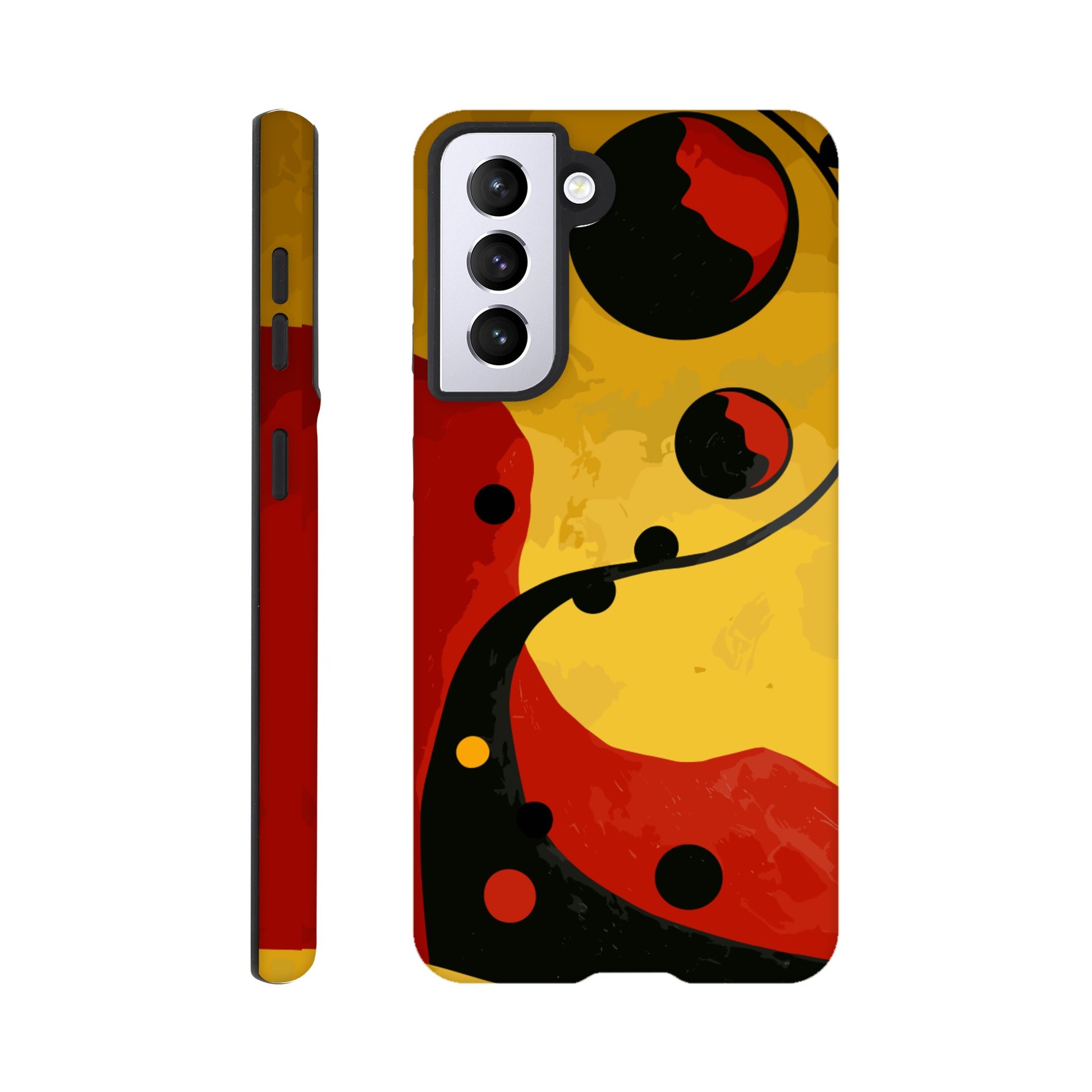 A Samsung Galaxy S21 Phone Case with the following design on it - Abstract painting of yellow, red and black dots on the wall in an art deco style. The background is a dark gradient from light to deep yellow. In the foreground there's a swirl with three circles that resemble multiple shapes within each other, giving it depth. It has organic curves but also geometric elements. 