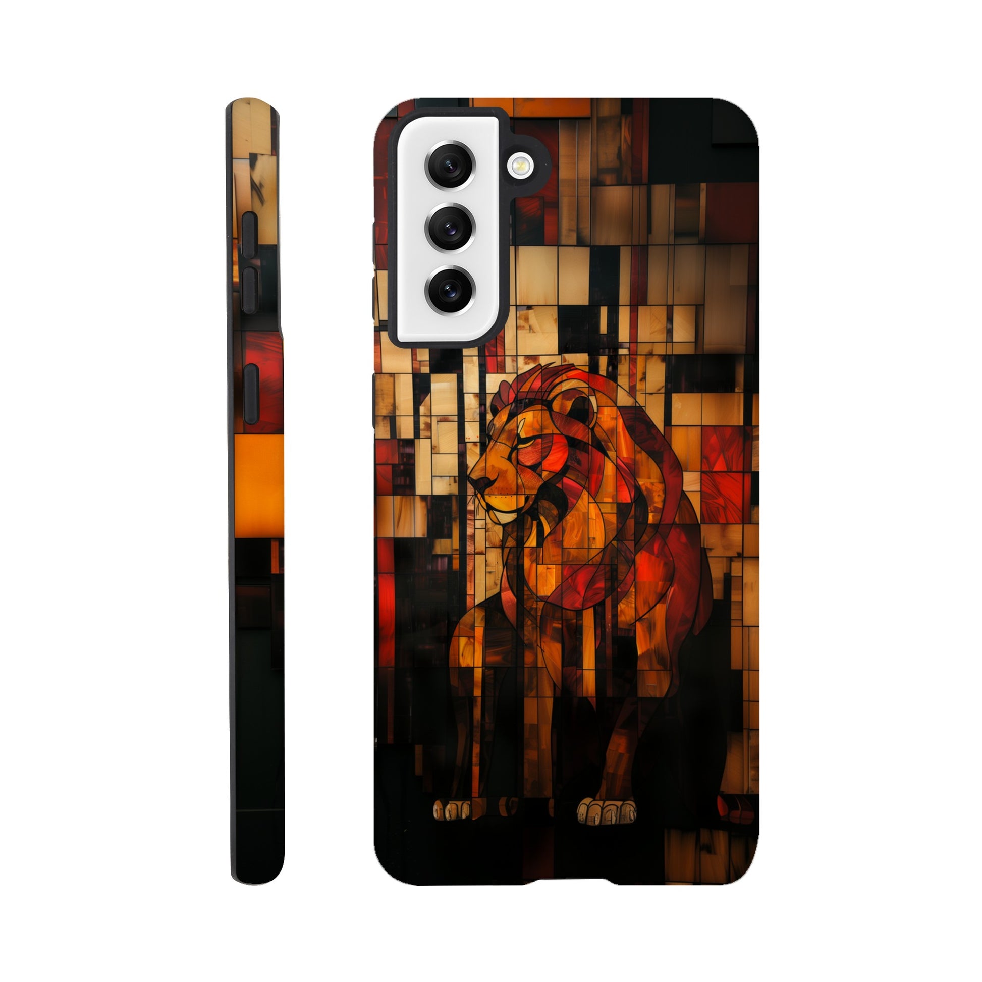 A Samsung Galaxy S21 Plus Phone Case with the following design on it - The Zodiac symbol for Leo - a Lion made of geometric shapes, composed of red and brown blocks. The background is dark with a blurred effect. In the style of stained glass