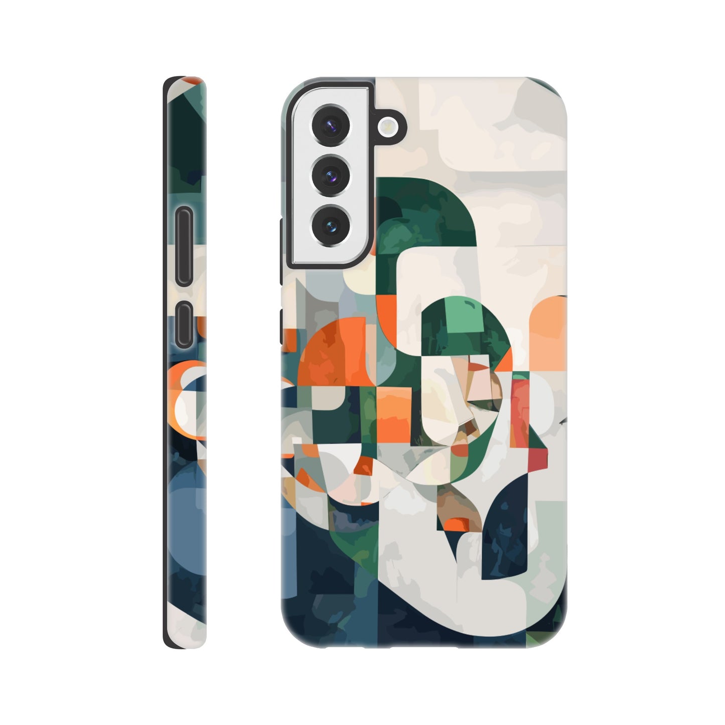 A Samsung Galaxy S22 Plus Phone Case with the following design on it - A cubist-inspired portrait. The face is composed of geometric shapes and forms, with an abstract background that features soft gradients in shades of green, orange, blue, white, and grey. Abstract patterns surround the figure to create depth and movement against an emerald color palette.