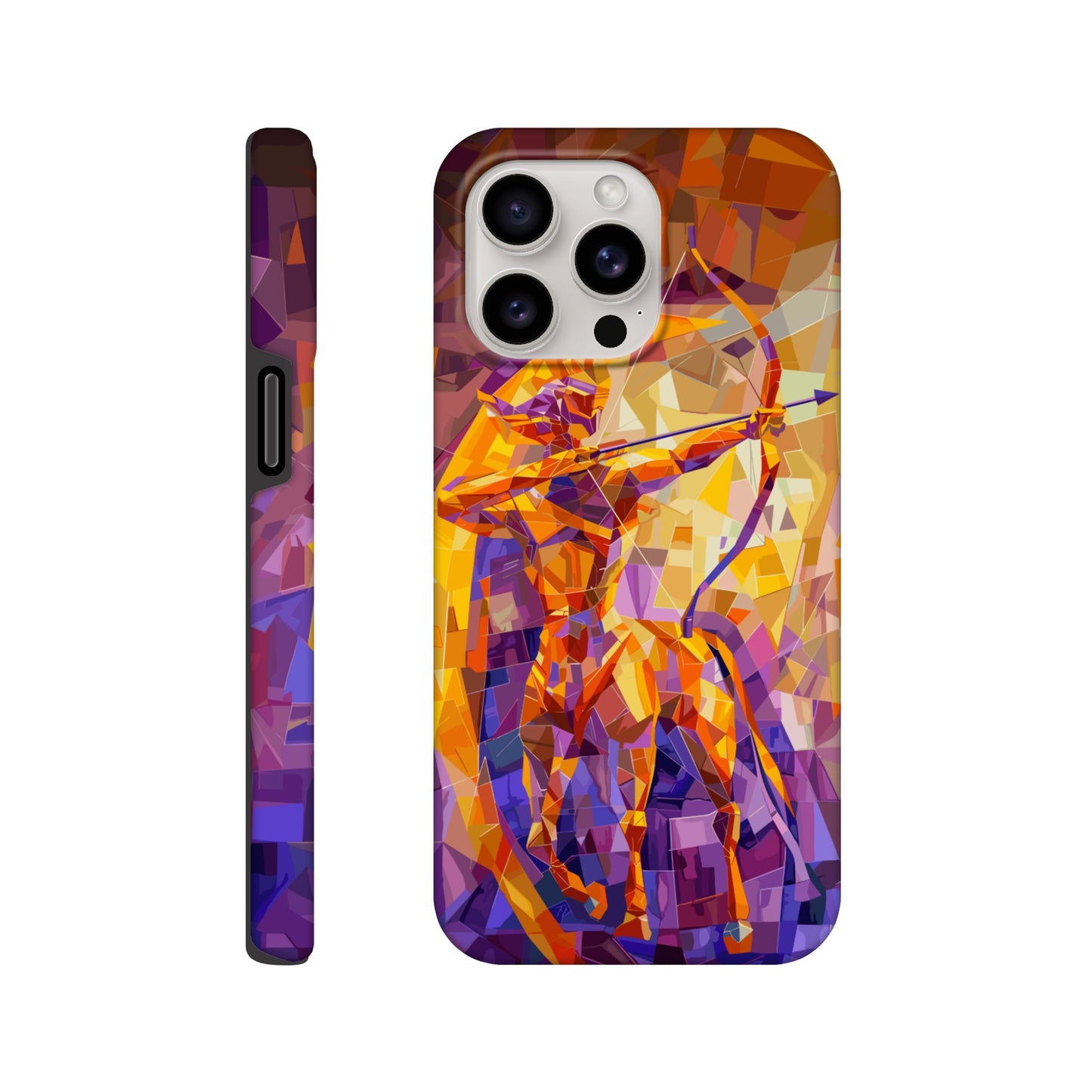 An Apple iPhone 15 Pro Max Phone Case with the following design on it: A centaur- the half man half horse archer and symbol of the astrological sign Sagittarius, the character is imagined through an artist who is adept at the artistic style of cubism, orange, purple, yellow