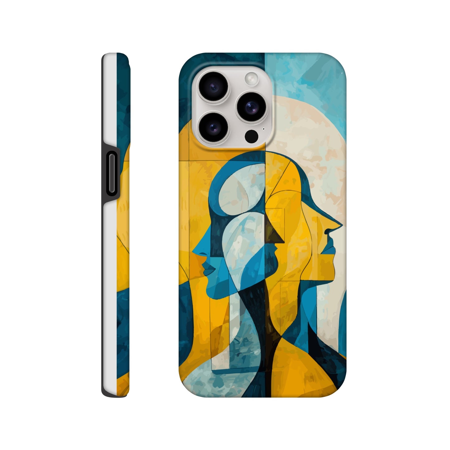 An Apple iPhone 15 Pro Max Phone Case with the following design on it - the Gemini Astrological sign depicting twins facing away from one another, the twins are of no specific sexual or ethnic orientation, yellow, baby blue, white, cubism