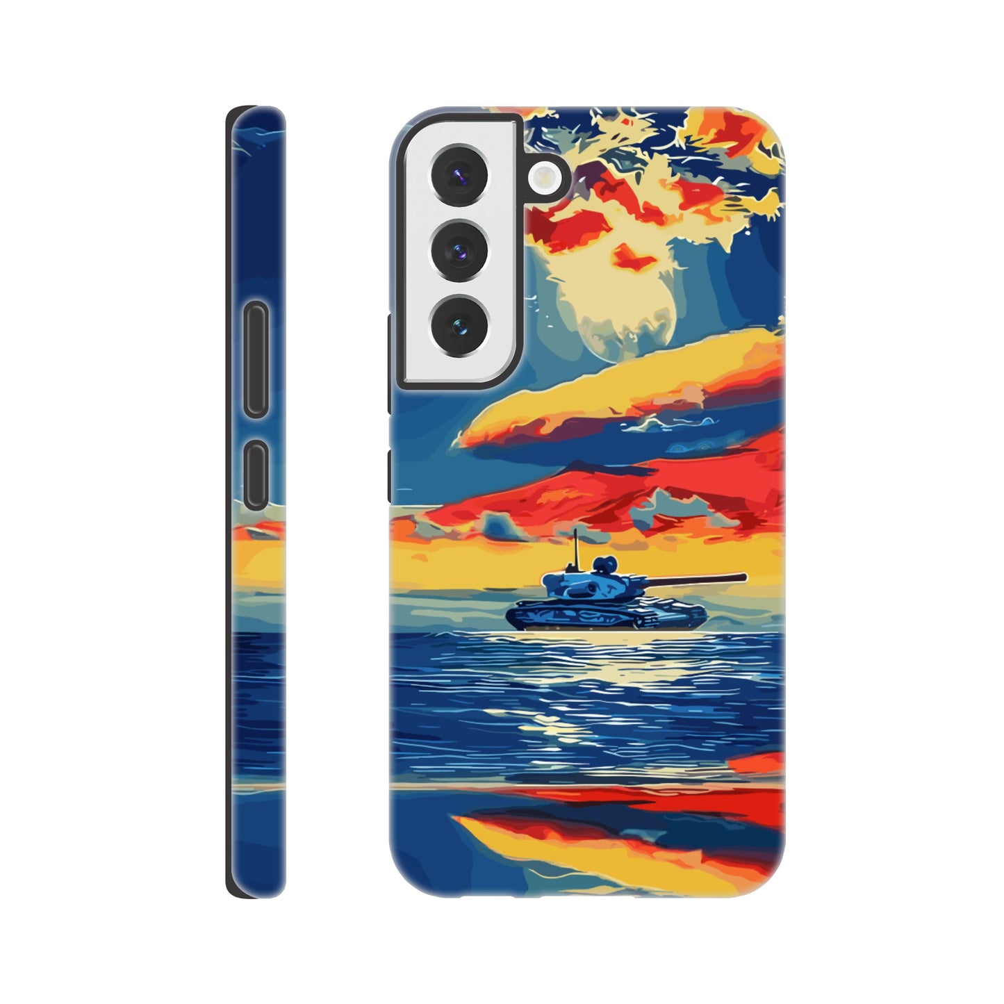 A Samsung Galaxy S22 Phone Case with the following design on it : A tank is sailing on the sea, with colorful clouds in the sky and a sunset reflection on the water surface, the style of an oil painting. The main colors of red, blue, yellow and orange are presented in a flat illustration