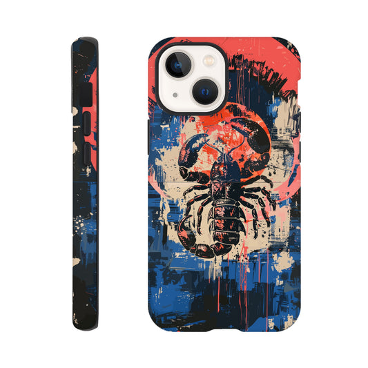 An Apple iPhone 13 Mini Phone Case with the following design on it : A painting of a Scorpio with red accents, the Scorpio is the symbol for the astrological sign Scorpio, the Scorpio is positioned in the center against abstract blue and white brushstrokes, within a pink circle. The artwork has a splattered, chaotic background.