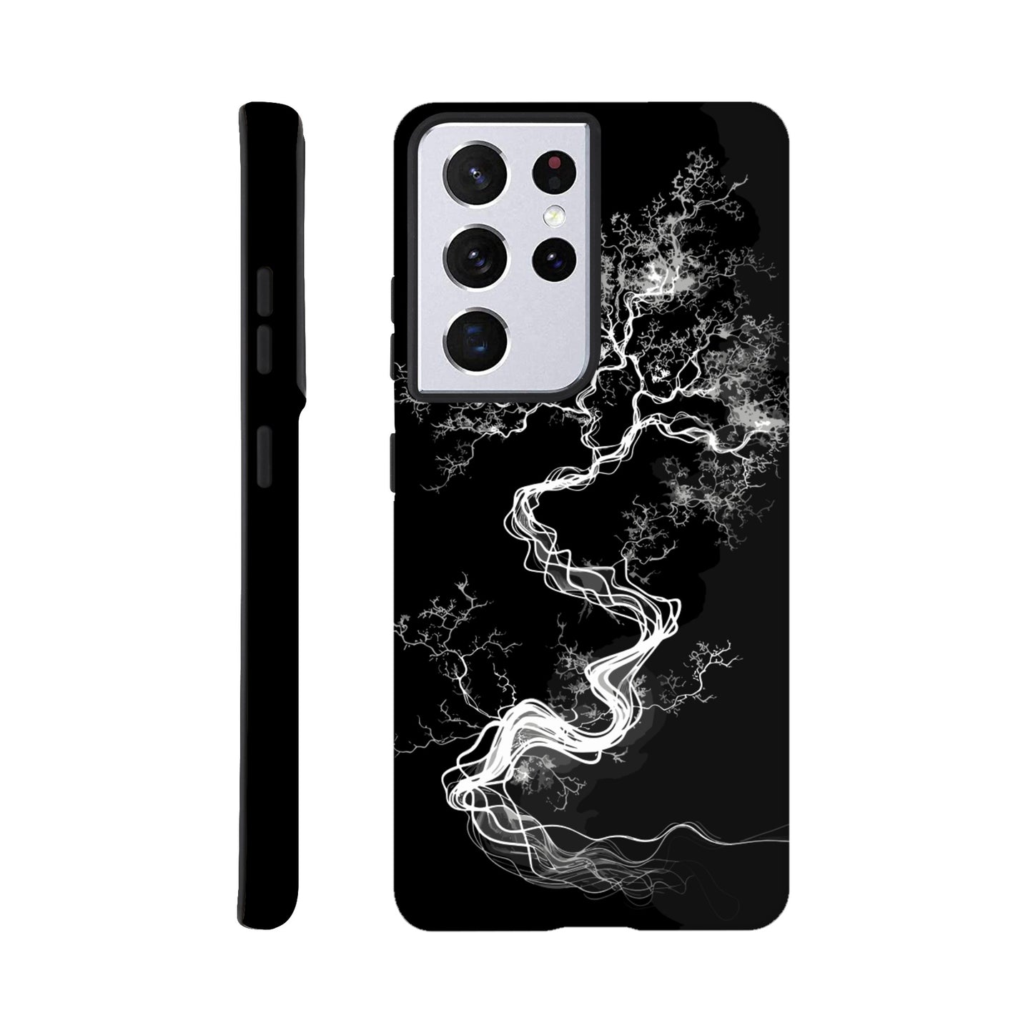 A Samsung Galaxy S21 Ultra Phone Case with the following design on it - a sketch of a white fractal tree against a black background