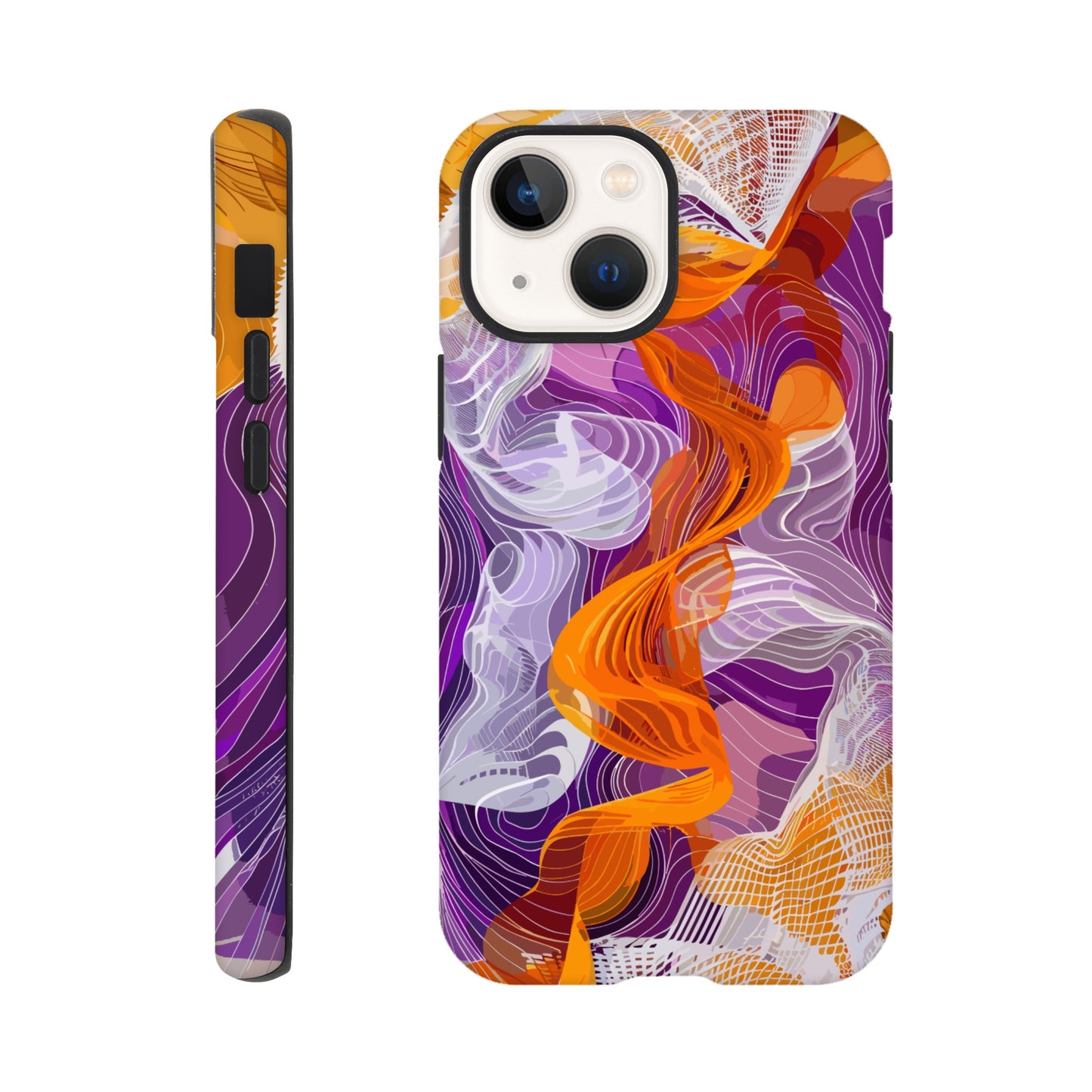 An Apple iPhone 13 Mini Phone Case with the following design on it - A modern digital art piece of an abstract representation of waves and swirls, with orange and purple hues, composed from flowing lines in a white mesh pattern, creating the illusion that they flow like ribbons or threads. The background is a gradient of these colors, adding depth to the composition. This artwork symbolizes movement, fluidity, and dynamic energy through its intricate design.