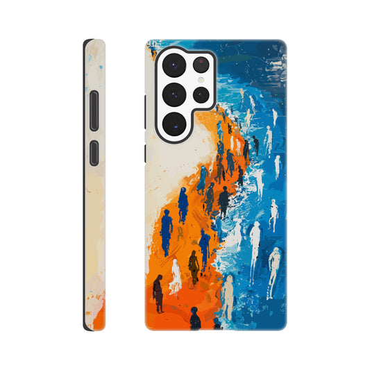 A Samsung Galaxy S22 Ultra Phone Case with the following design on it - the Sahara desert pouring into a beautiful ocean while a large group of non distinct human forms wade through the shallows as well as walk along the new shore, blue, orange, white, style of fauvism