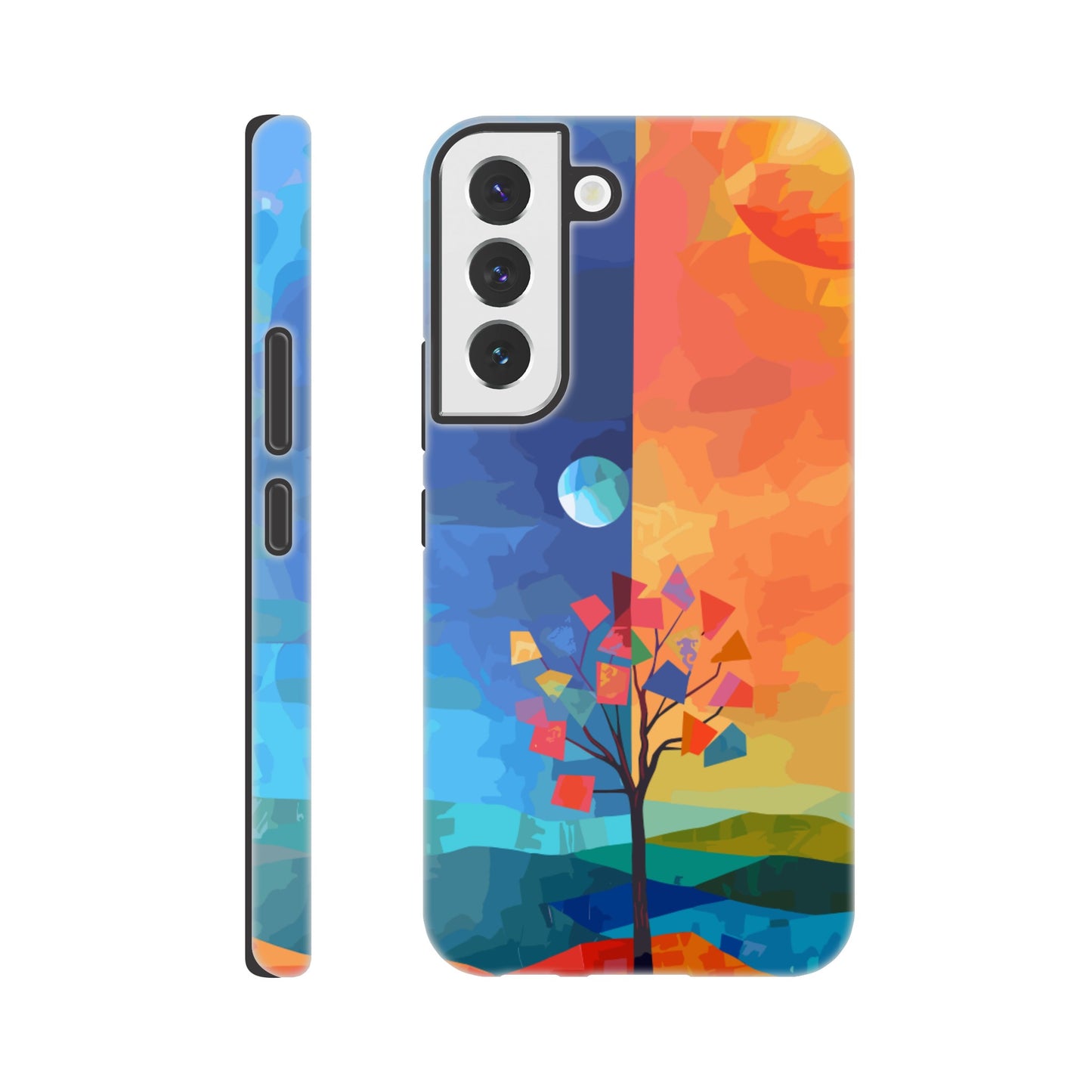 A Samsung Galaxy S22 Phone Case with the following design on it : A landscape with two distinct color blocks representing day and night, featuring the sun on one side and the moonlight on the other, with a tree in between, depicted as geometric shapes and colors in the style of abstract art, with vibrant and contrasting colors, a modern digital painting