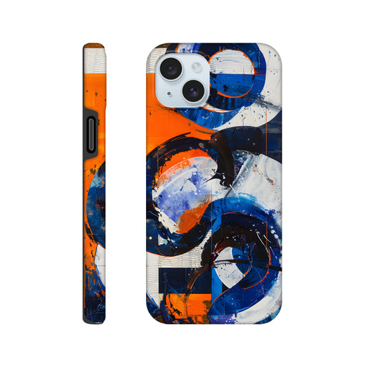 An Apple iPhone 15 Plus Phone Case with the following design on it : An abstract painting of circles and squares in orange, blue and white, with an overall sense of movement and vitality. The background is collage-like, with elements such as textures, lines, stripes, scribbles and splashes of paint, along with irregular shapes