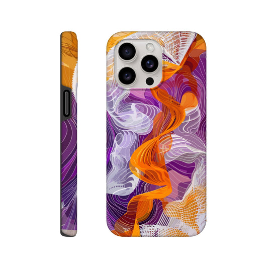 An Apple iPhone 15 Pro Max Phone Case with the following design on it - A modern digital art piece of an abstract representation of waves and swirls, with orange and purple hues, composed from flowing lines in a white mesh pattern, creating the illusion that they flow like ribbons or threads. The background is a gradient of these colors, adding depth to the composition. This artwork symbolizes movement, fluidity, and dynamic energy through its intricate design.