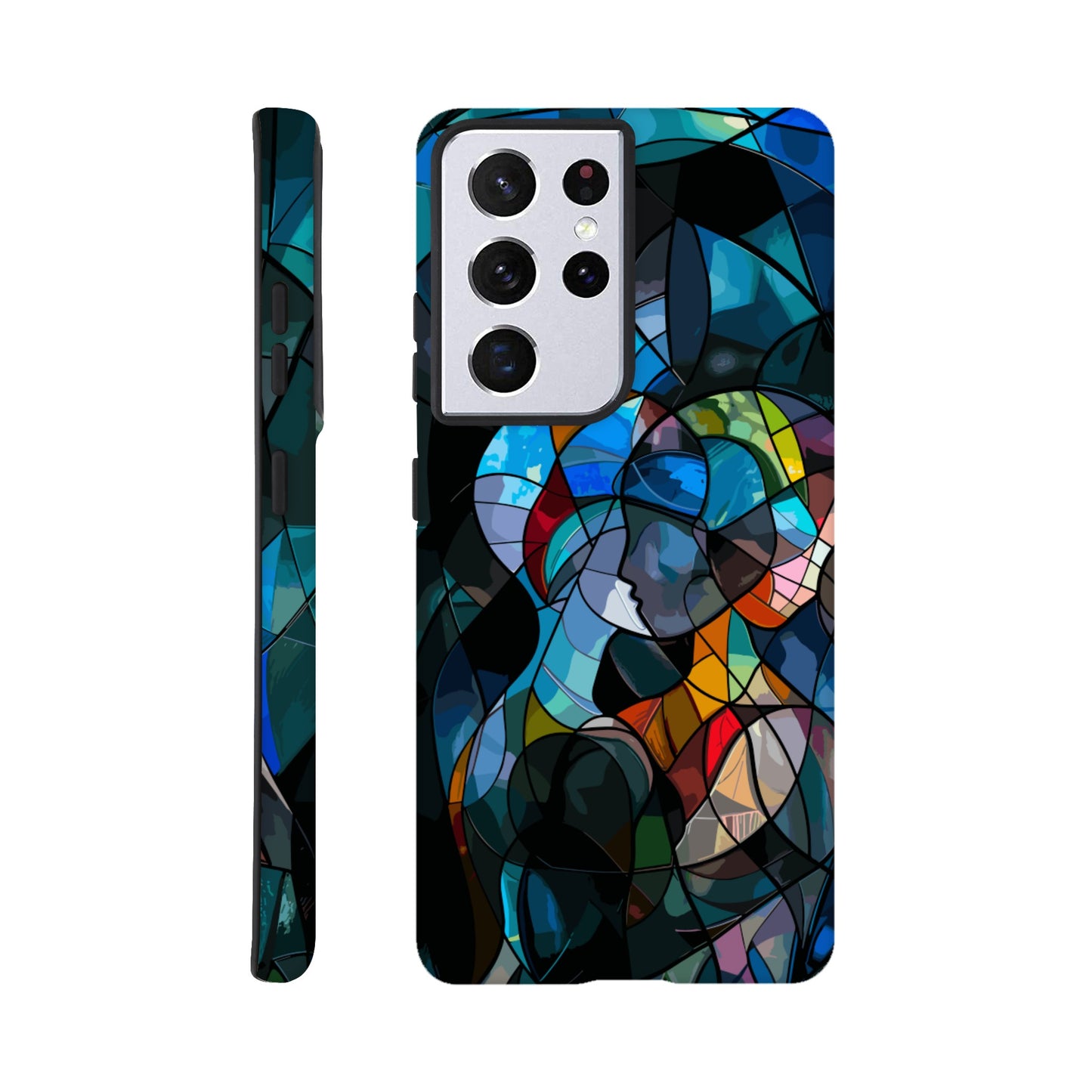 A Samsung Galaxy S21 Ultra Phone Case with the following design: stained glass window of two people hugging, in the style of cubism, abstract shapes and lines, vibrant colors, dark background, hyper realistic 