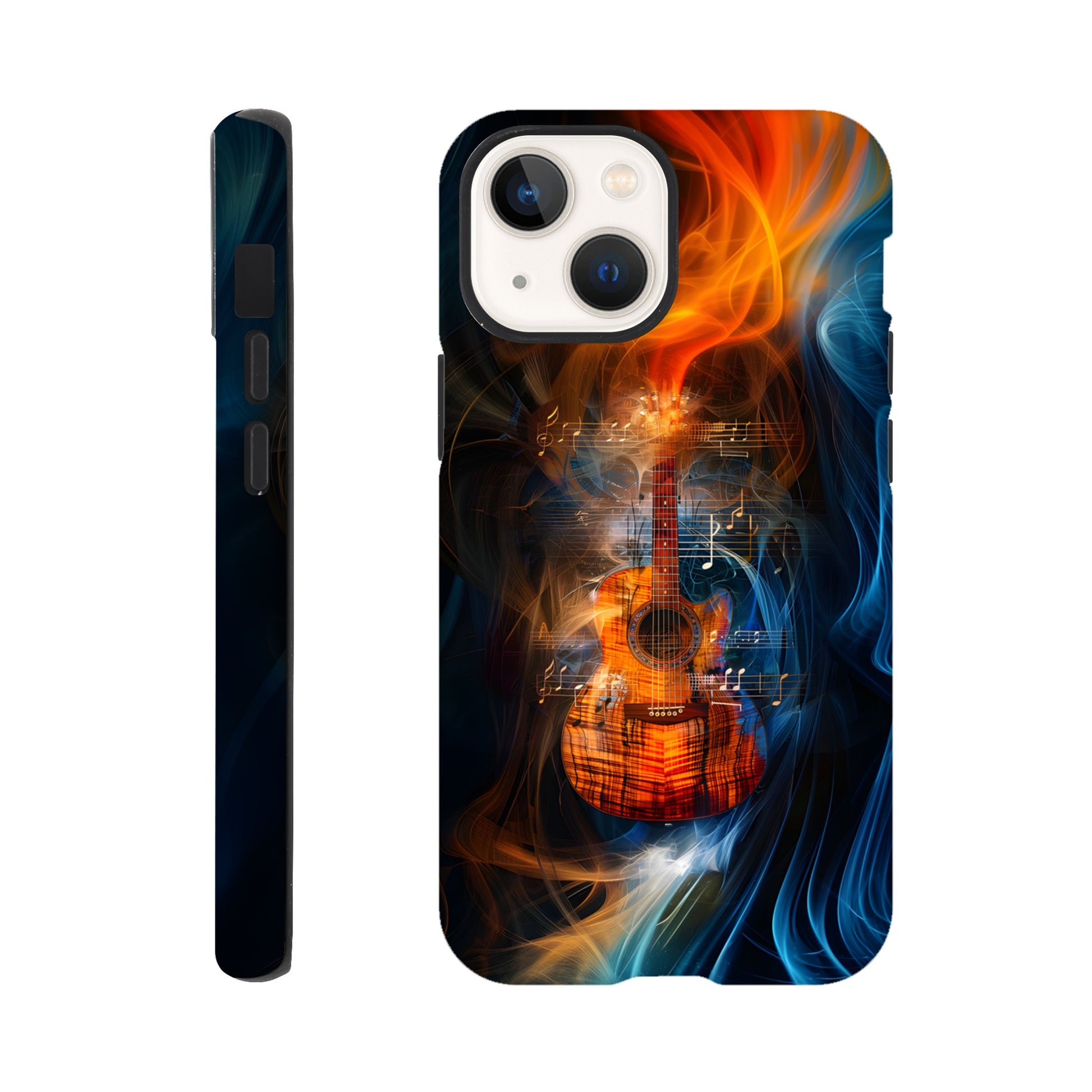 An Apple iPhone 13 Mini Phone Case with the following design on it: A Koa Guitar with musical notes swirling around it, blue and red smoke swirling around both the Guitar and notes, in the style of a digital art, dark blue background, orange glow on guitar, symmetrical composition, high resolution, hyper realistic, high contrast, vibrant colors, detailed textures of wood and strings